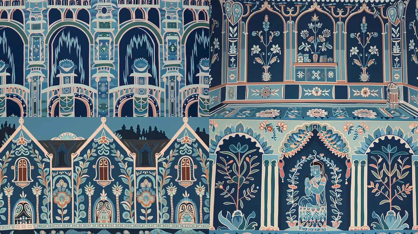Intricate and Vibrant Architectural Illustrations with Floral Motifs - Midjourney sref style