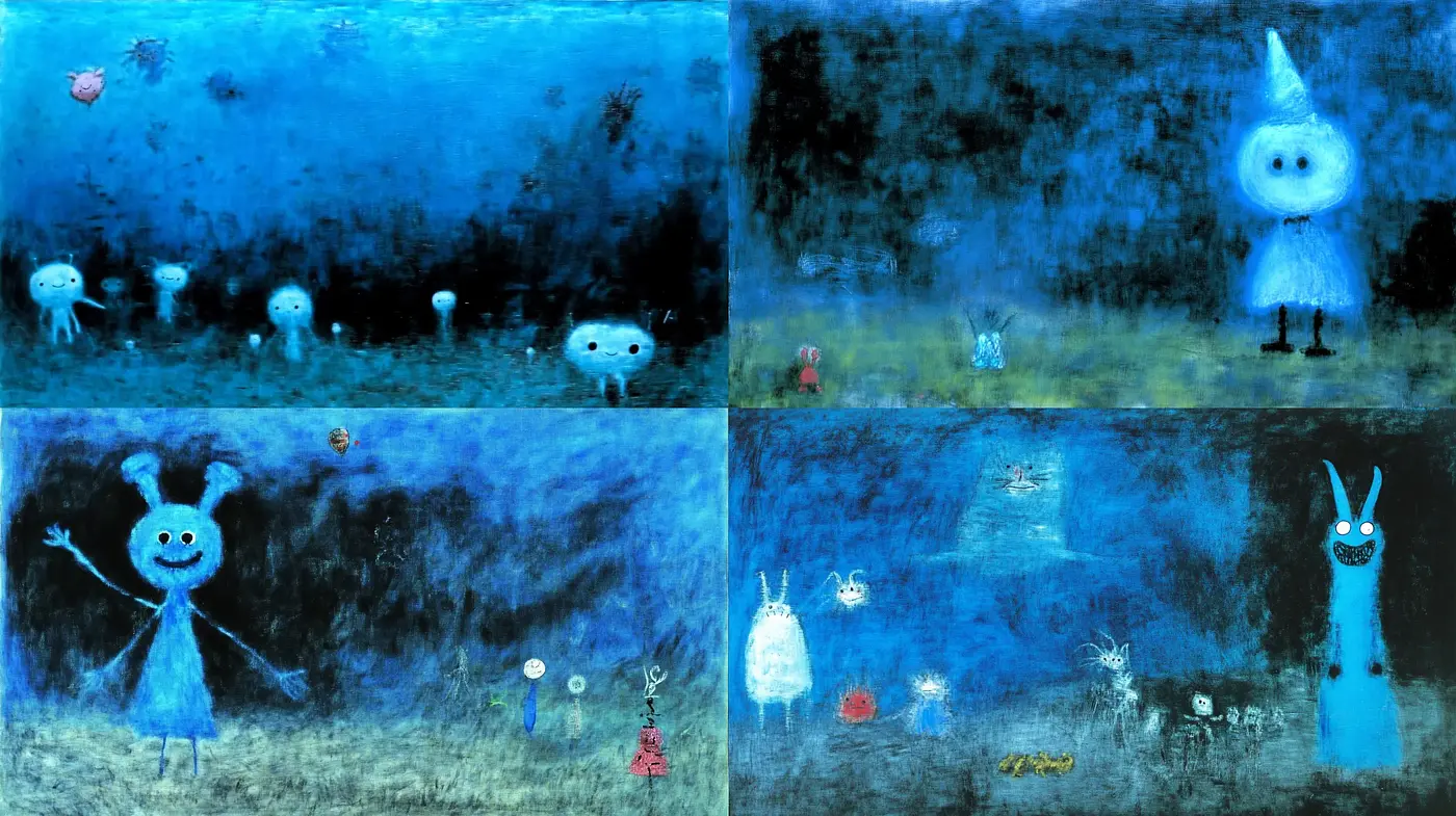 Whimsical Nocturnal Blue with Whispy Brushwork and Fantastical Creatures - Midjourney sref style