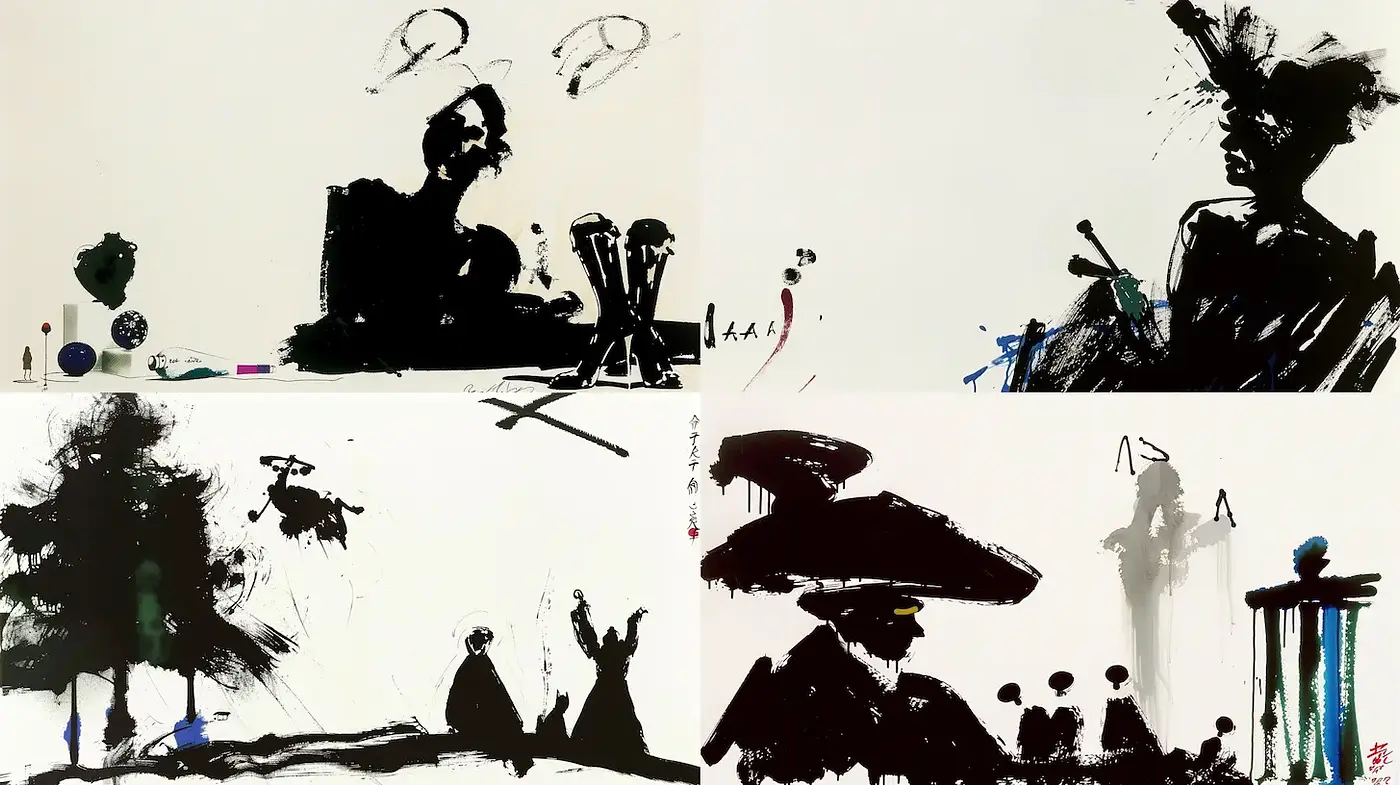 Dynamic Fusion of Ink and Silhouette with Abstract Storytelling - Midjourney sref style