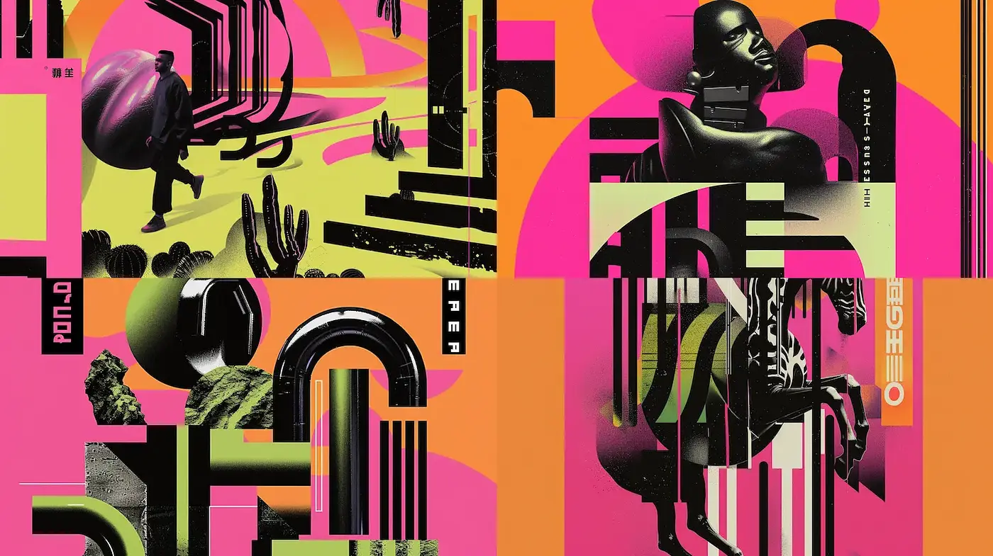 Vibrant Futuristic Graphic Collage with Abstract Forms - Midjourney sref style