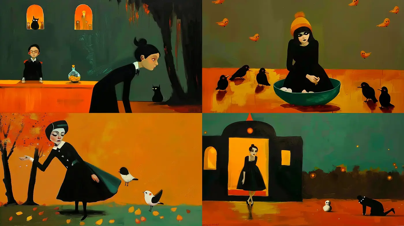 Twilight Hues and Stylized Figures: A Homage to Storybook Illustrations - Midjourney sref style
