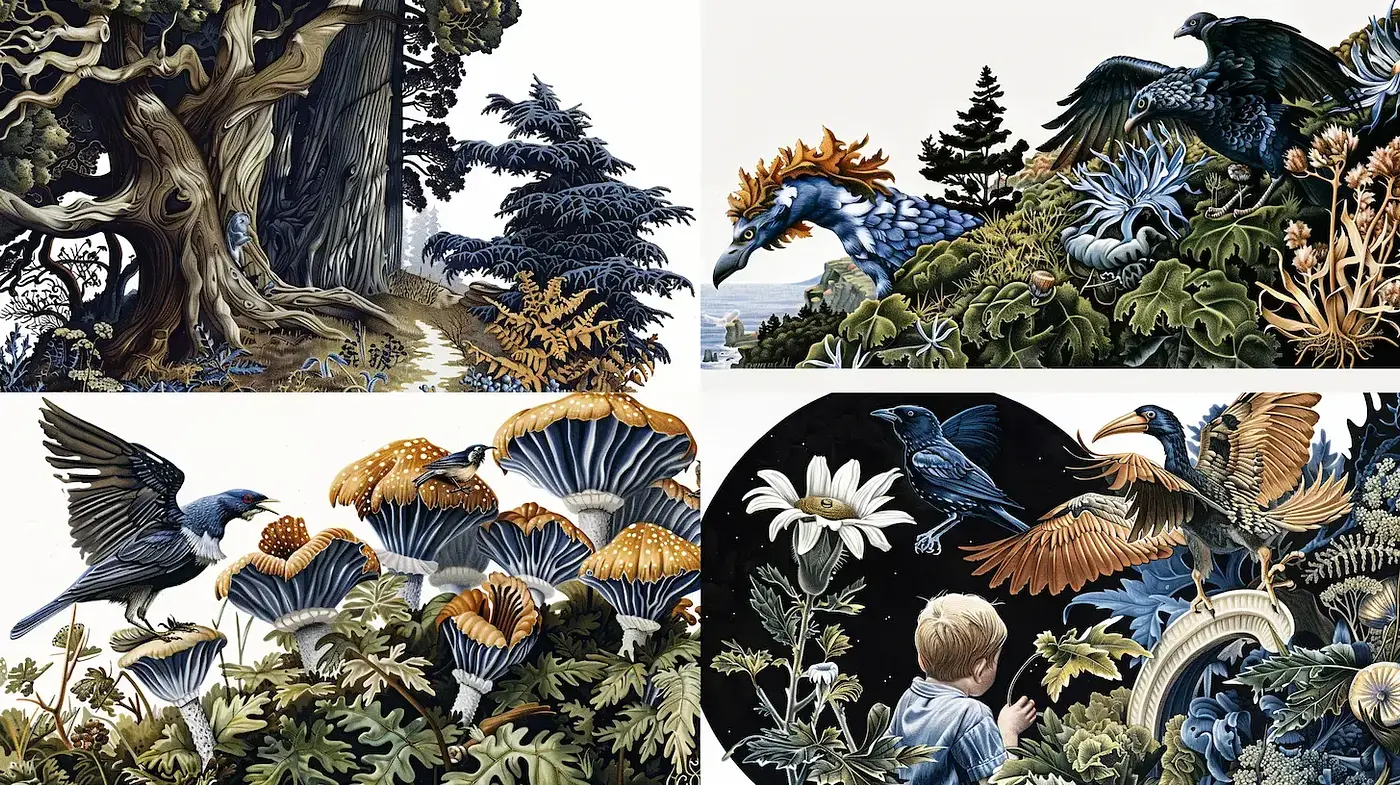Intricate Nature-Themed Illustrations with Surreal Elements - Midjourney sref style