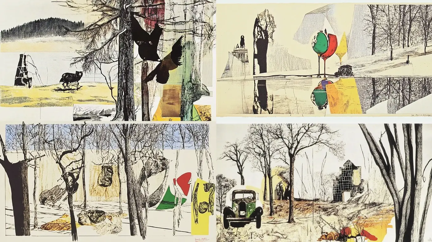 Serene Vintage Pastoral Scenes with Abstract Expressionist Elements - Midjourney sref style
