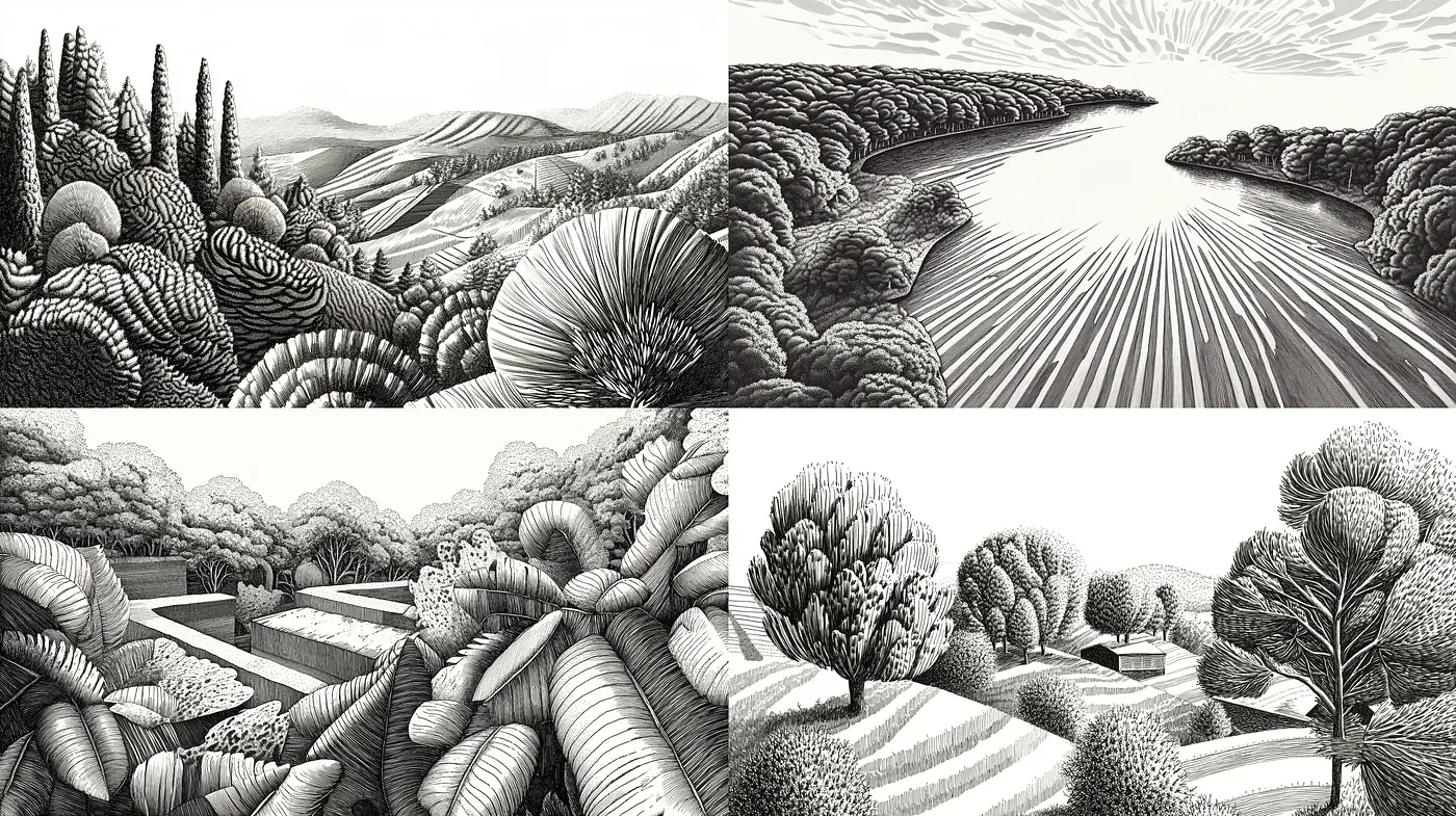 Monochromatic Symphonic Landscapes: A Study in Black and White Harmony - Midjourney sref style