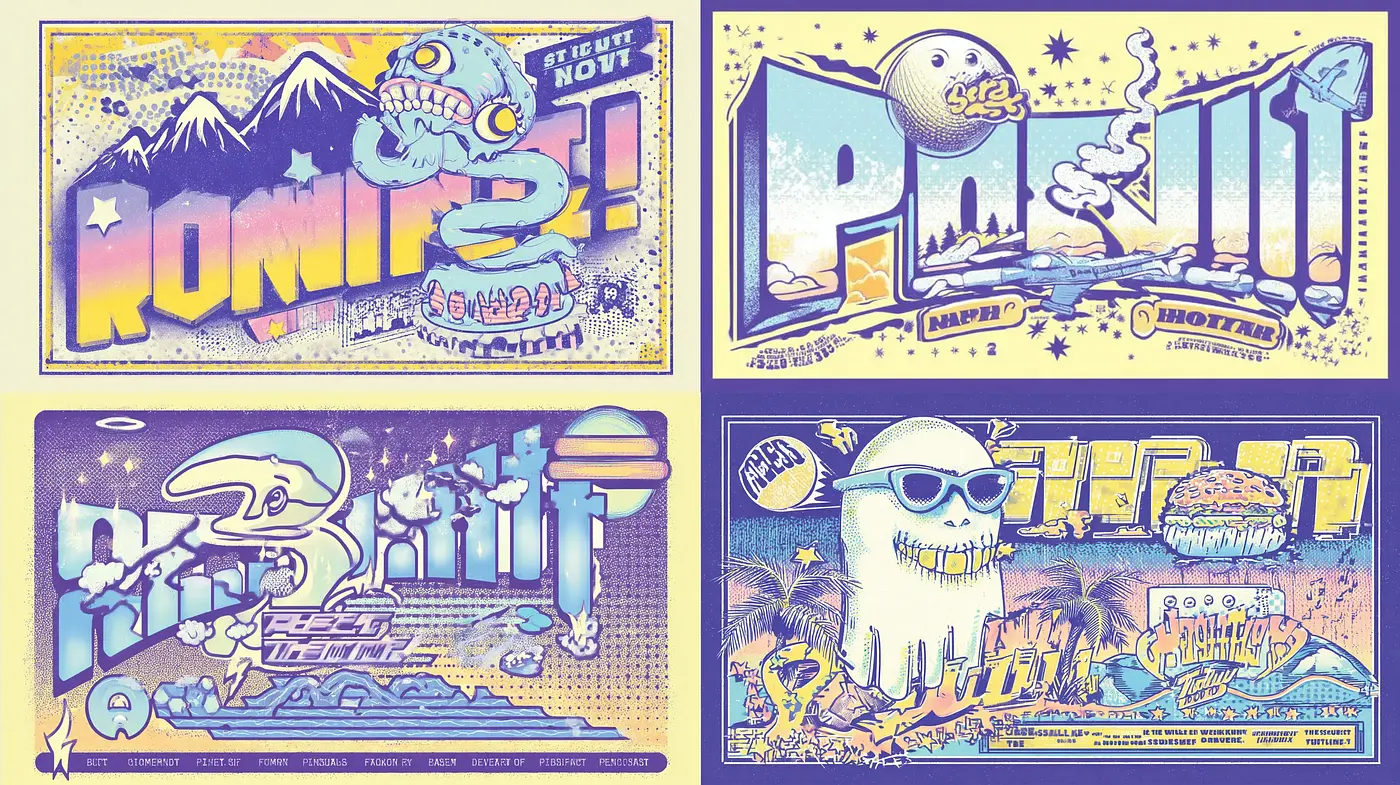 Vibrant Retro Futurism with Playful Typography and Whimsical Imagery - Midjourney sref style