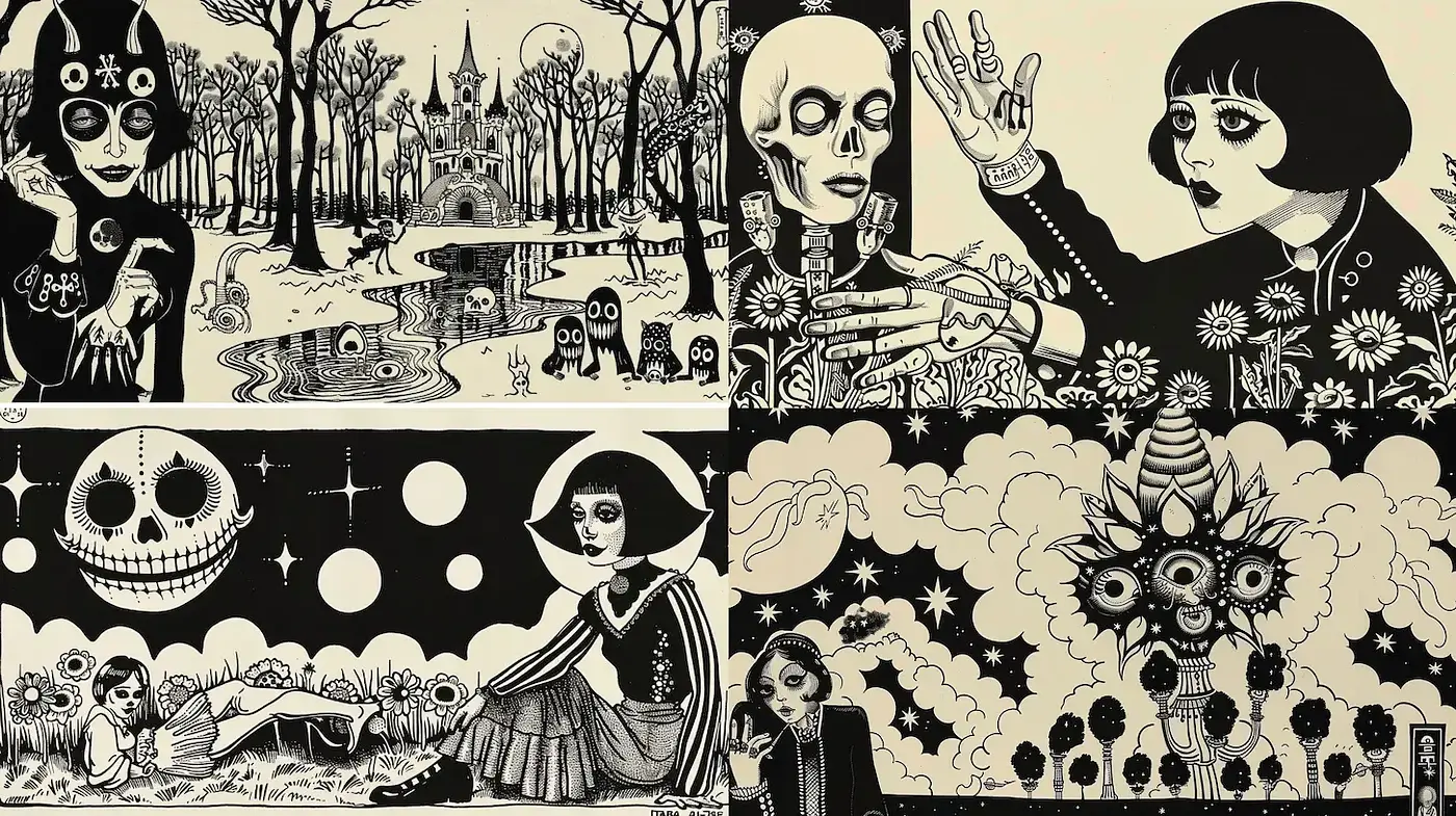 Darkly Whimsical Illustrations with a Touch of Gothic Elegance - Midjourney sref style