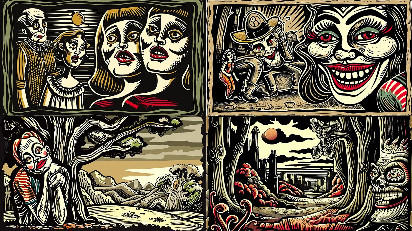 Eerie Carnival Grotesque: A Sinister Dance of Macabre Line Art - Midjourney sref style
