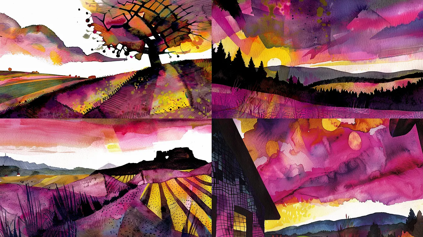Chromatic Twilight Dreamscape: An Exploration in Vibrant Watercolor Wistfulness - Midjourney sref style