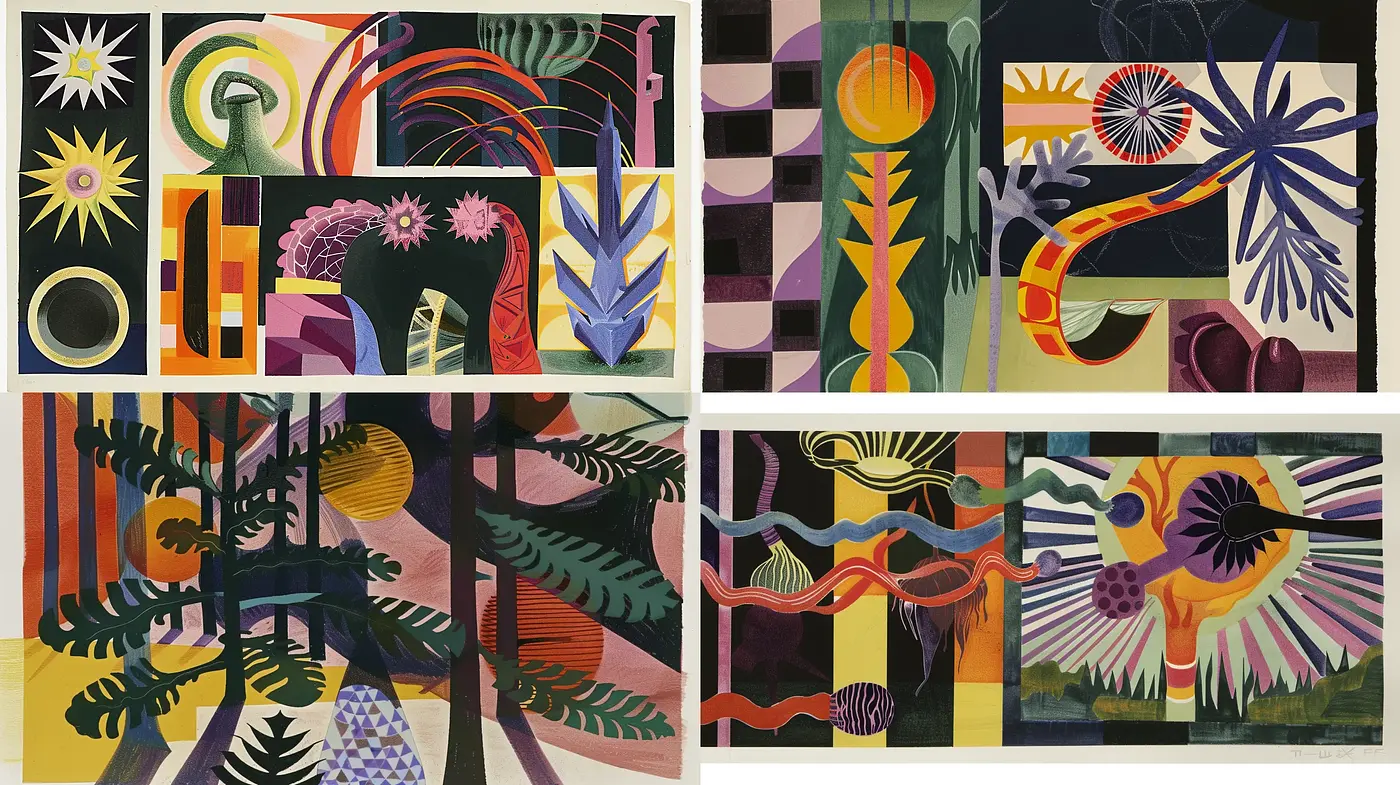 Abstract Vibrancy: A Harmonious Blend of Geometric Forms and Organic Motifs - Midjourney sref style