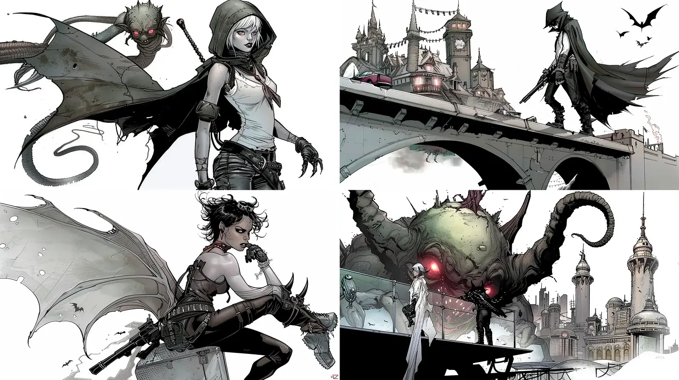 Monochrome Fantasia: A Gothic Comic Book Elegance - Midjourney sref style