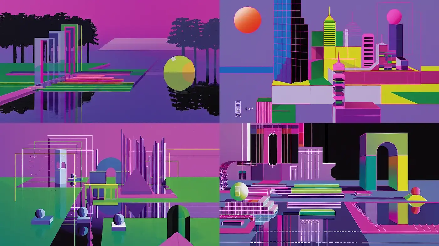 Vibrant Geometric Landscapes with Futuristic Elements - Midjourney sref style