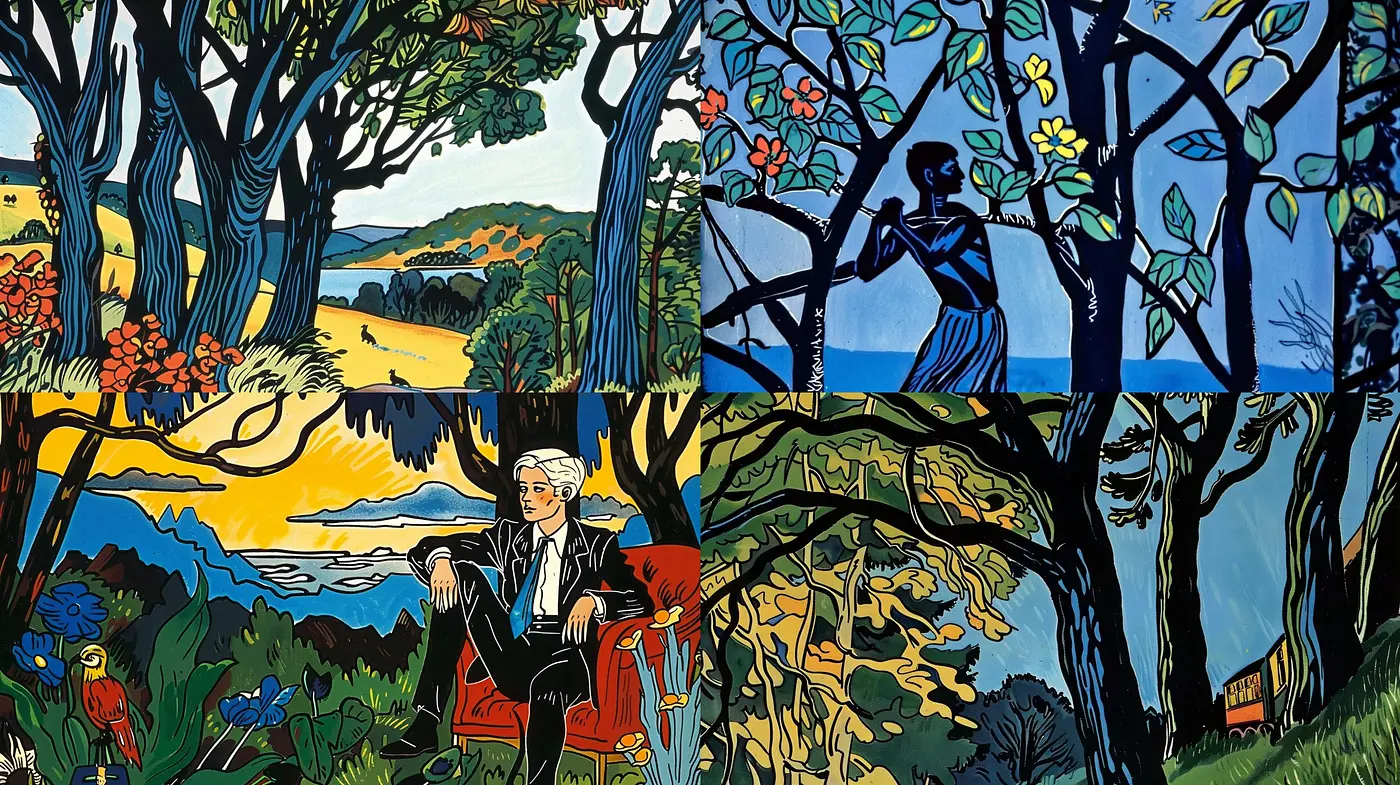 Stylized Nature and Figures with Bold Contours and Vivid Tones - Midjourney sref style
