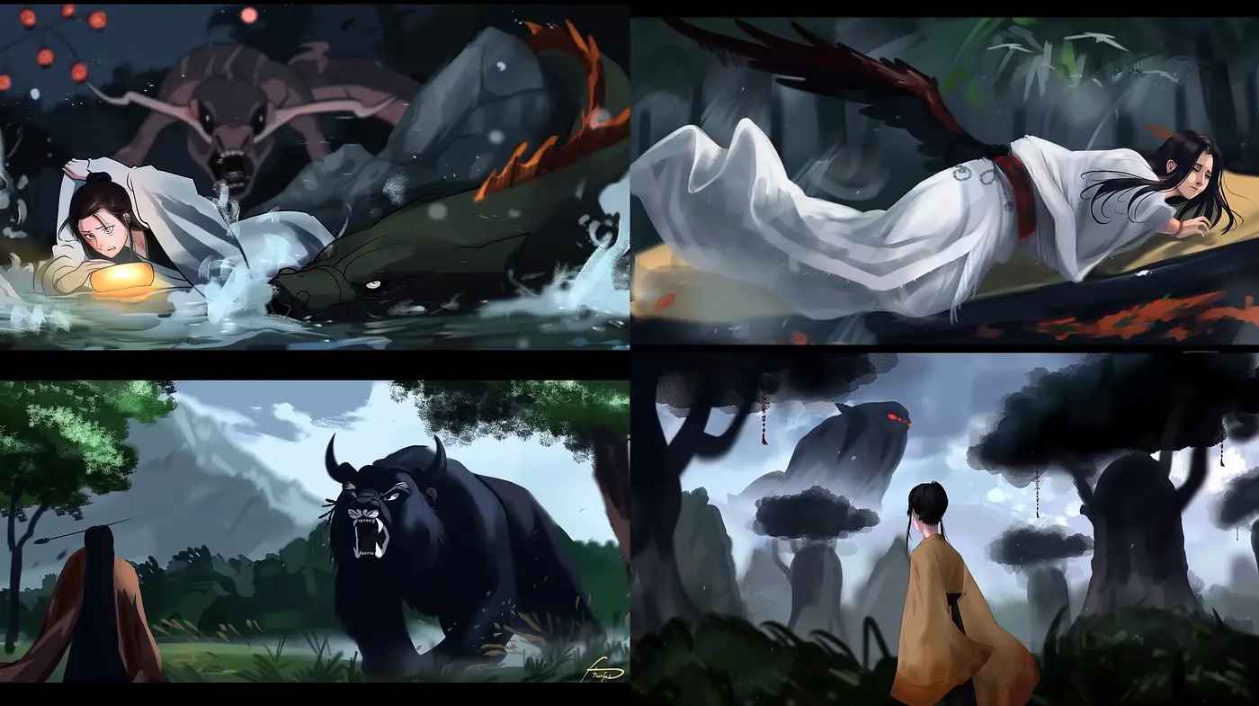 Mystical Serenity in Nature: A Harmonious Blend of Cinematic and Anime Art - Midjourney sref style