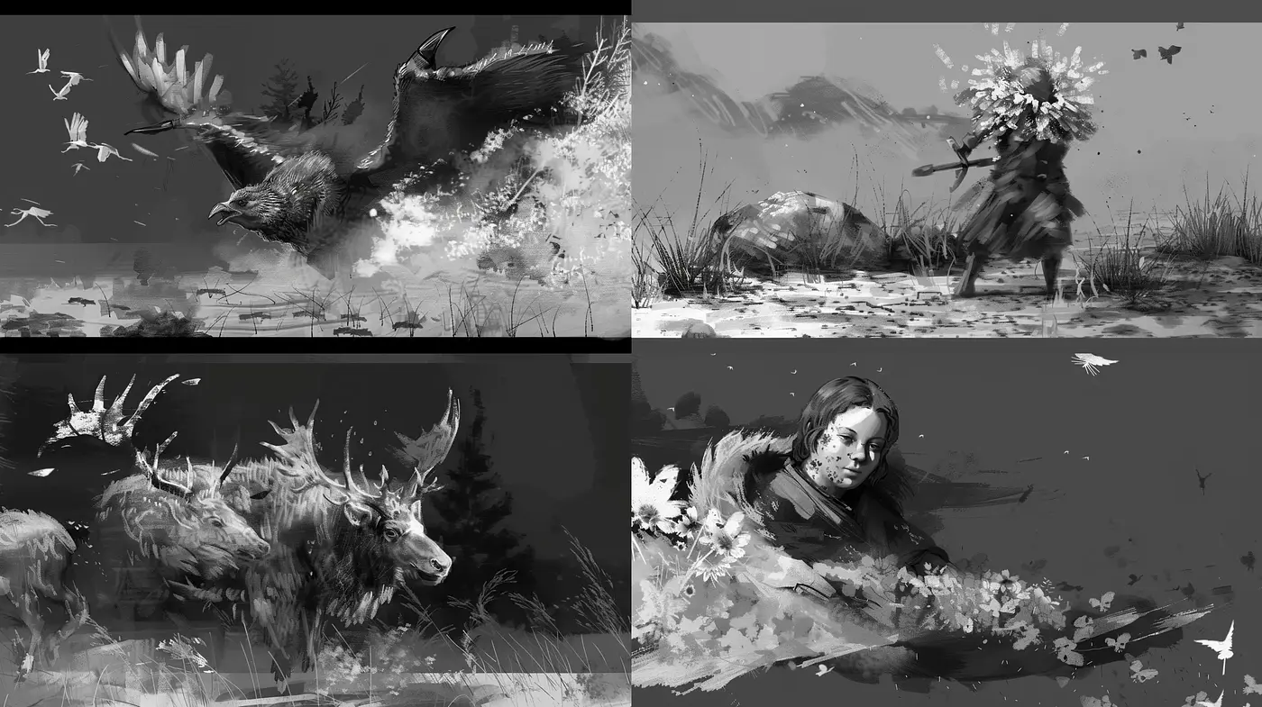 Monochromatic Dynamic Brushwork - Midjourney sref style
