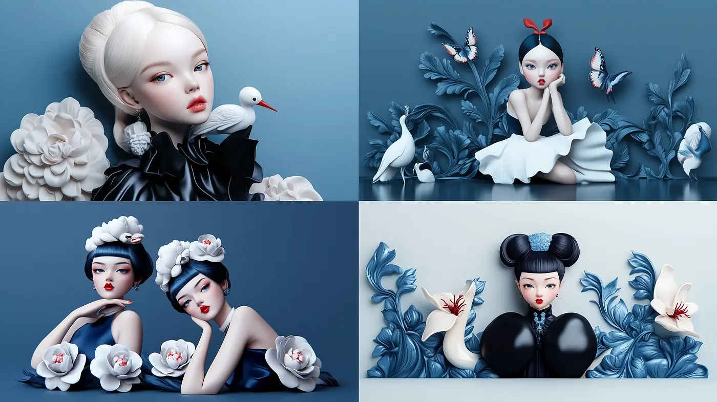Ethereal Porcelain Grace: Serene Elegance in Cool Blues and Whites - Midjourney sref style