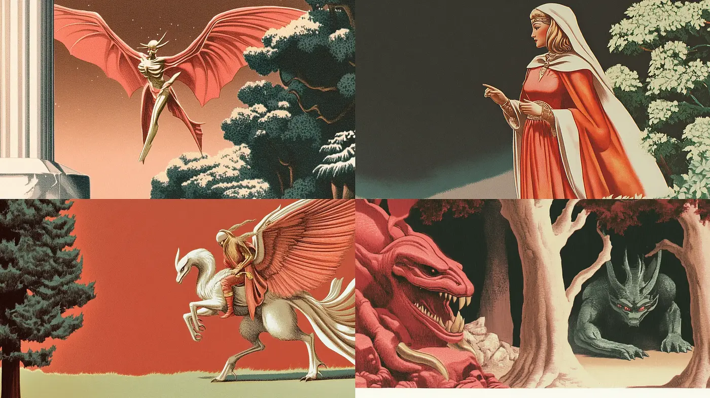 Ethereal Myths in a Crimson Dreamland - Midjourney sref style