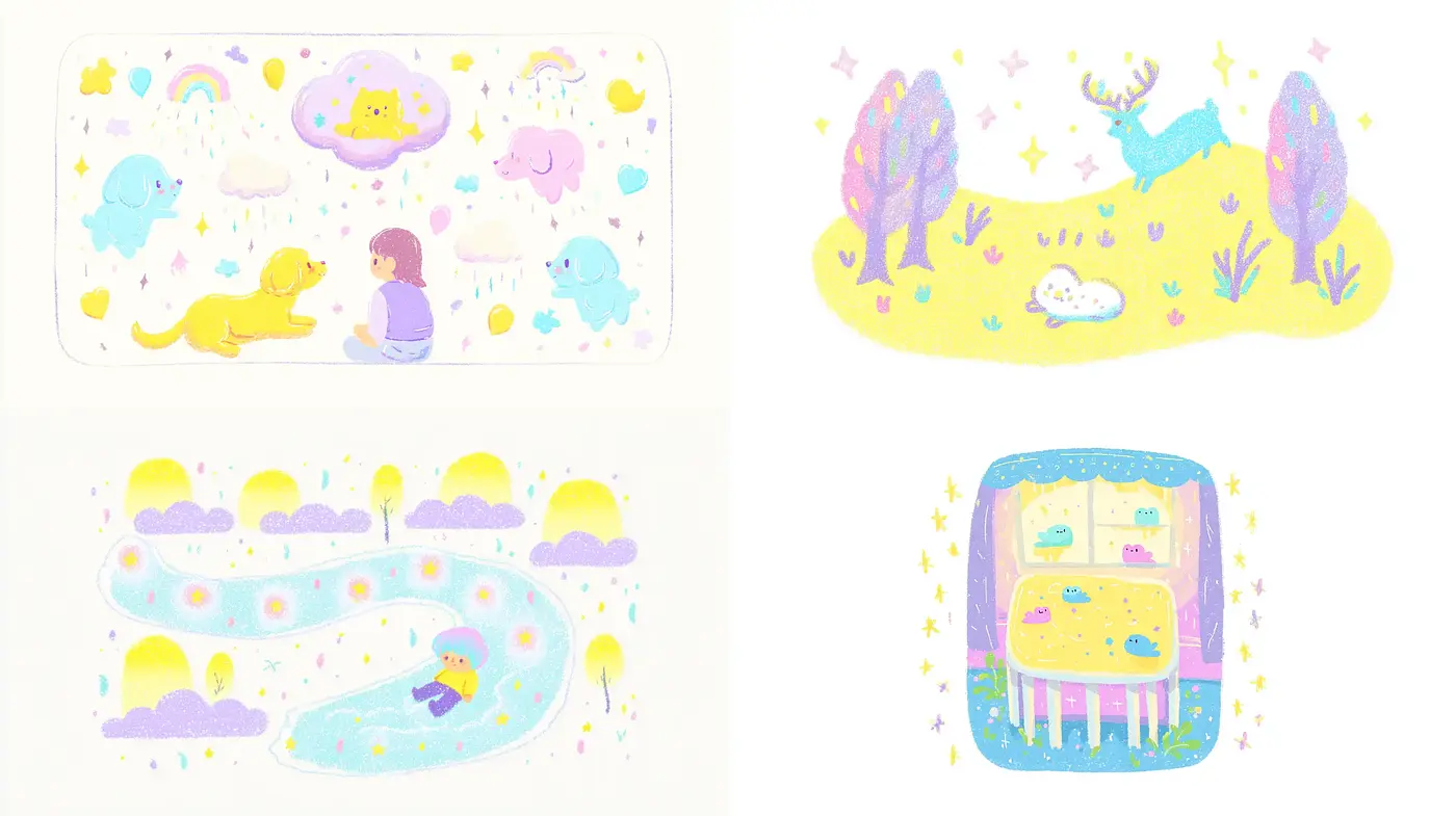 Whimsical pastel illustrations with charming characters and serene landscapes - Midjourney sref style