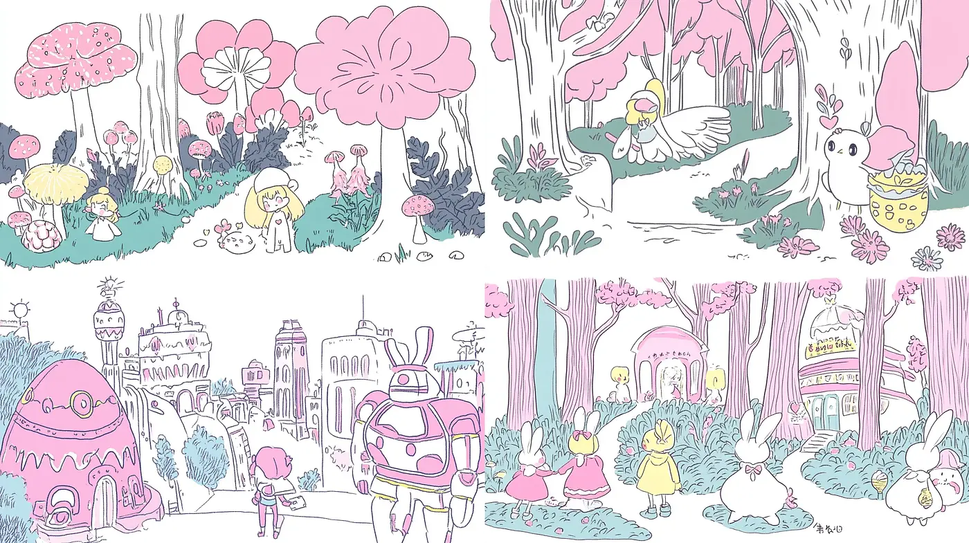 Whimsical Pastel Dreamscape with Whispy Linework - Midjourney sref style