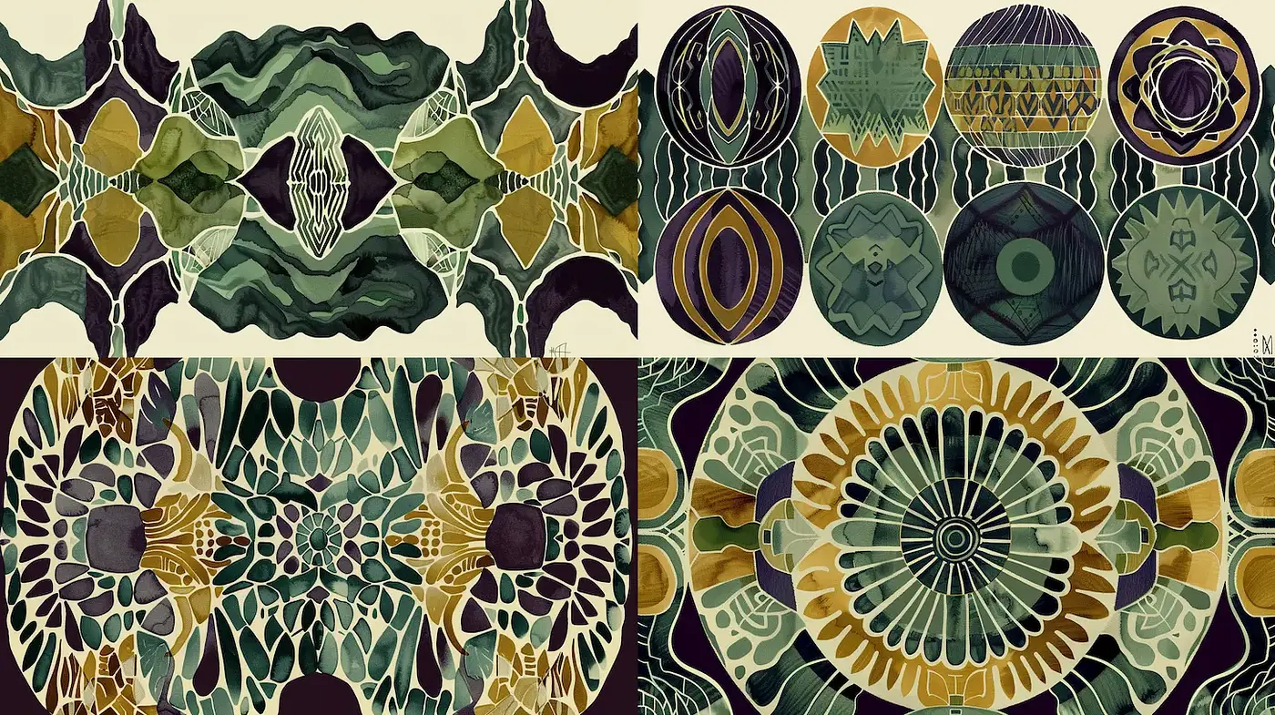 Geometric Patterns with Art Nouveau Influence and Earthy Color Palette - Midjourney sref style