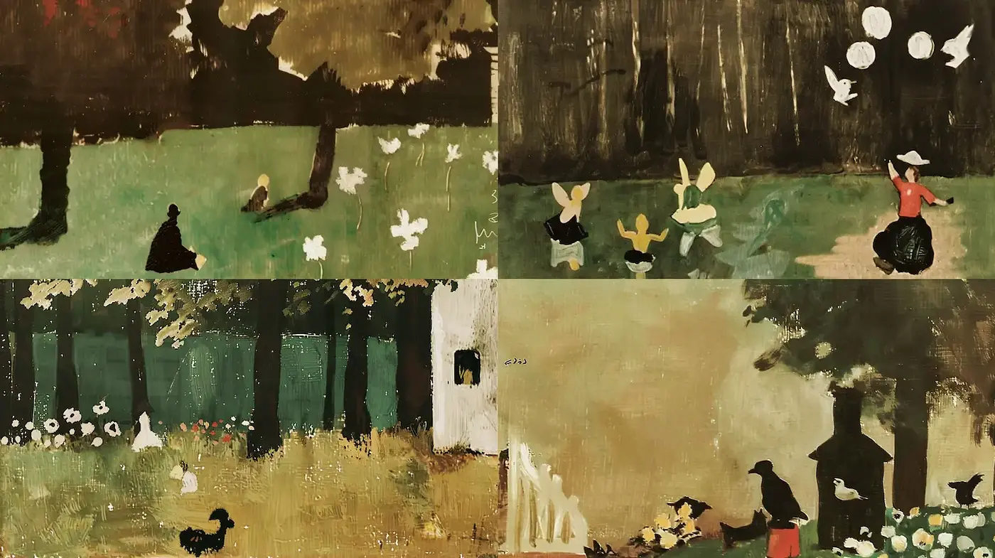 Playful interpretation of nature with a whimsical and serene atmosphere - Midjourney sref style