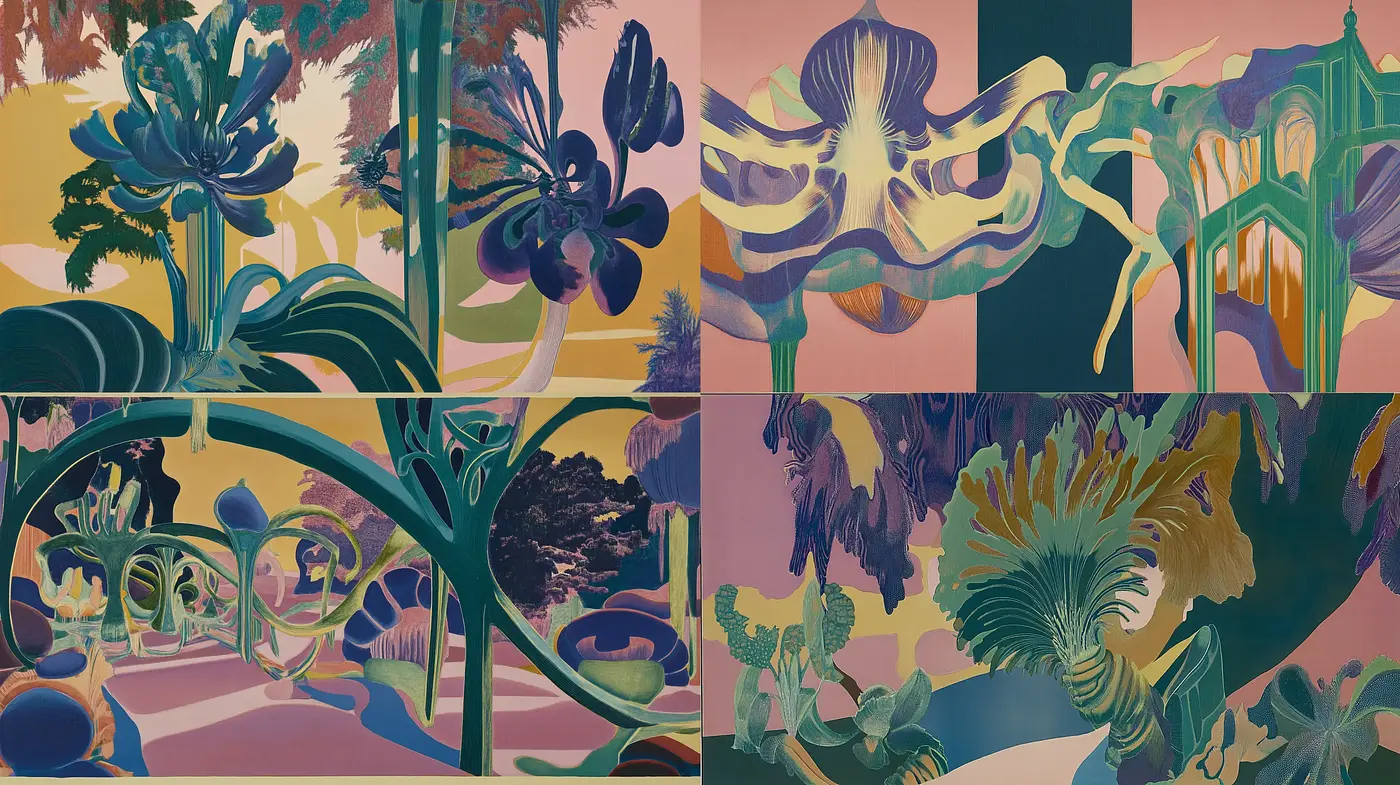 Surreal Botanical Dreamscape in Pastel Tones - Midjourney sref style