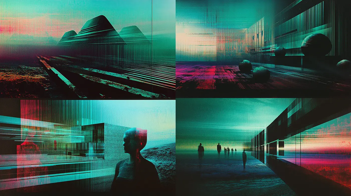 Cybernetic Dreamscape: A Fusion of Digital Glitch and Surrealism - Midjourney sref style
