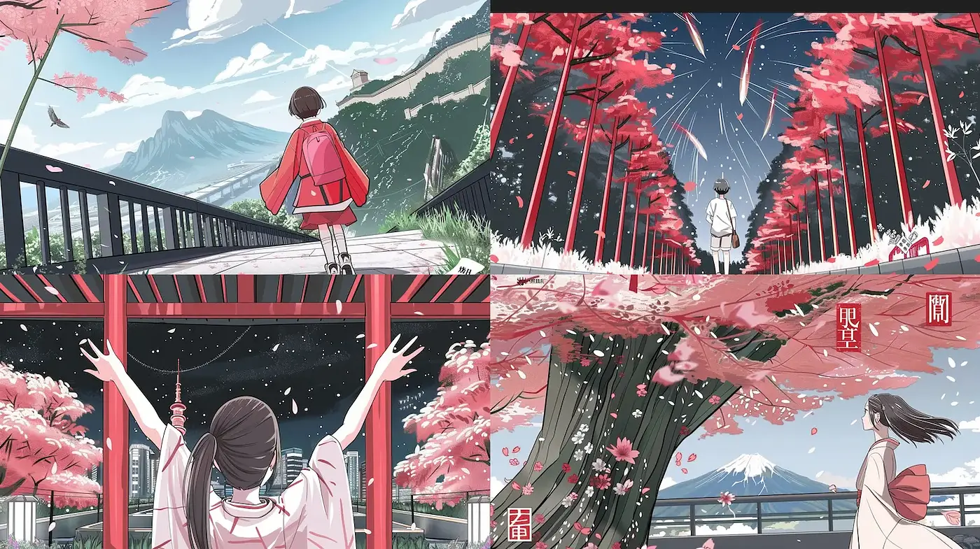Serene and Ethereal Japanese Landscapes Bathed in Cherry Blossom Hues - Midjourney sref style