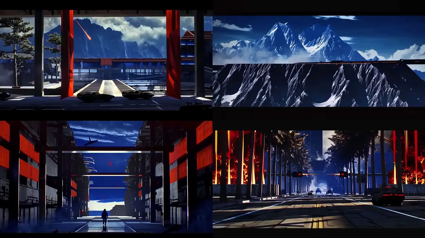 Futuristic Neo-Noir Aesthetic with Vivid Contrasts and Anime Influences - Midjourney sref style