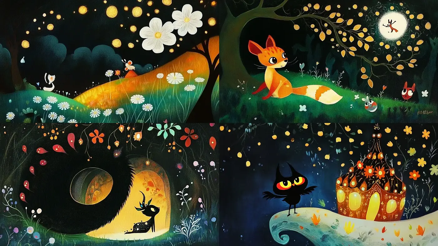 Enchanted Nocturnal Vignettes with Whimsical Flora and Fauna - Midjourney sref style