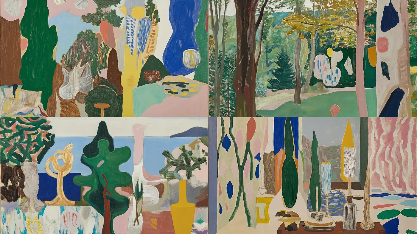 Contemporary Pastoral Bliss: A Tranquil Fusion of Nature and Abstraction - Midjourney sref style