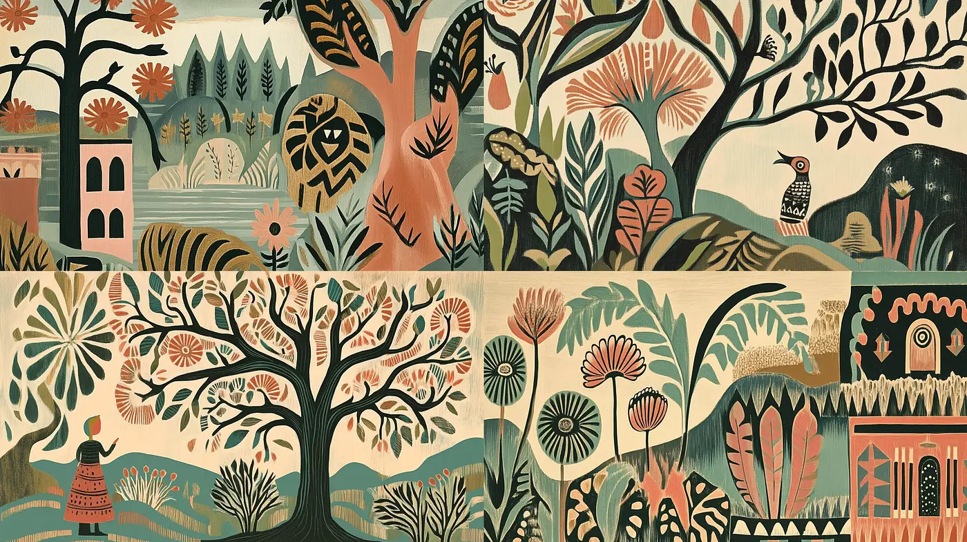 Enchanting Tapestry of Stylized Flora and Fauna in Earthy Tones - Midjourney sref style