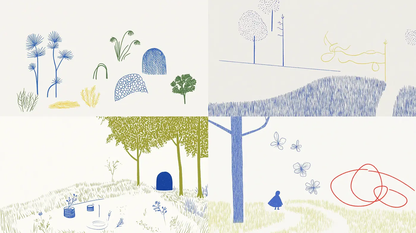 Serene Pastoral Scenes in Stylized Minimalist Etching - Midjourney sref style