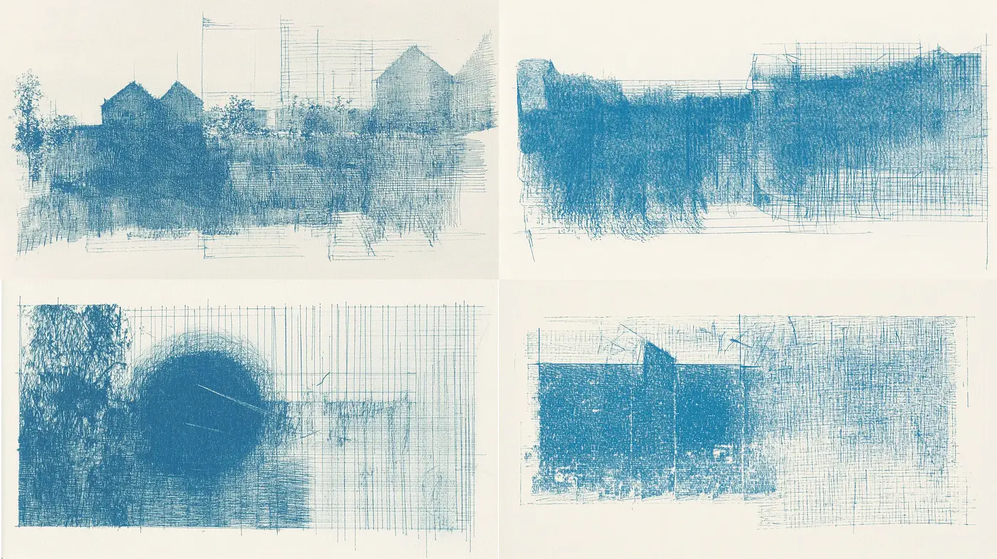 Cyanotype Serenity: Textured Landscape Impressions - Midjourney sref style
