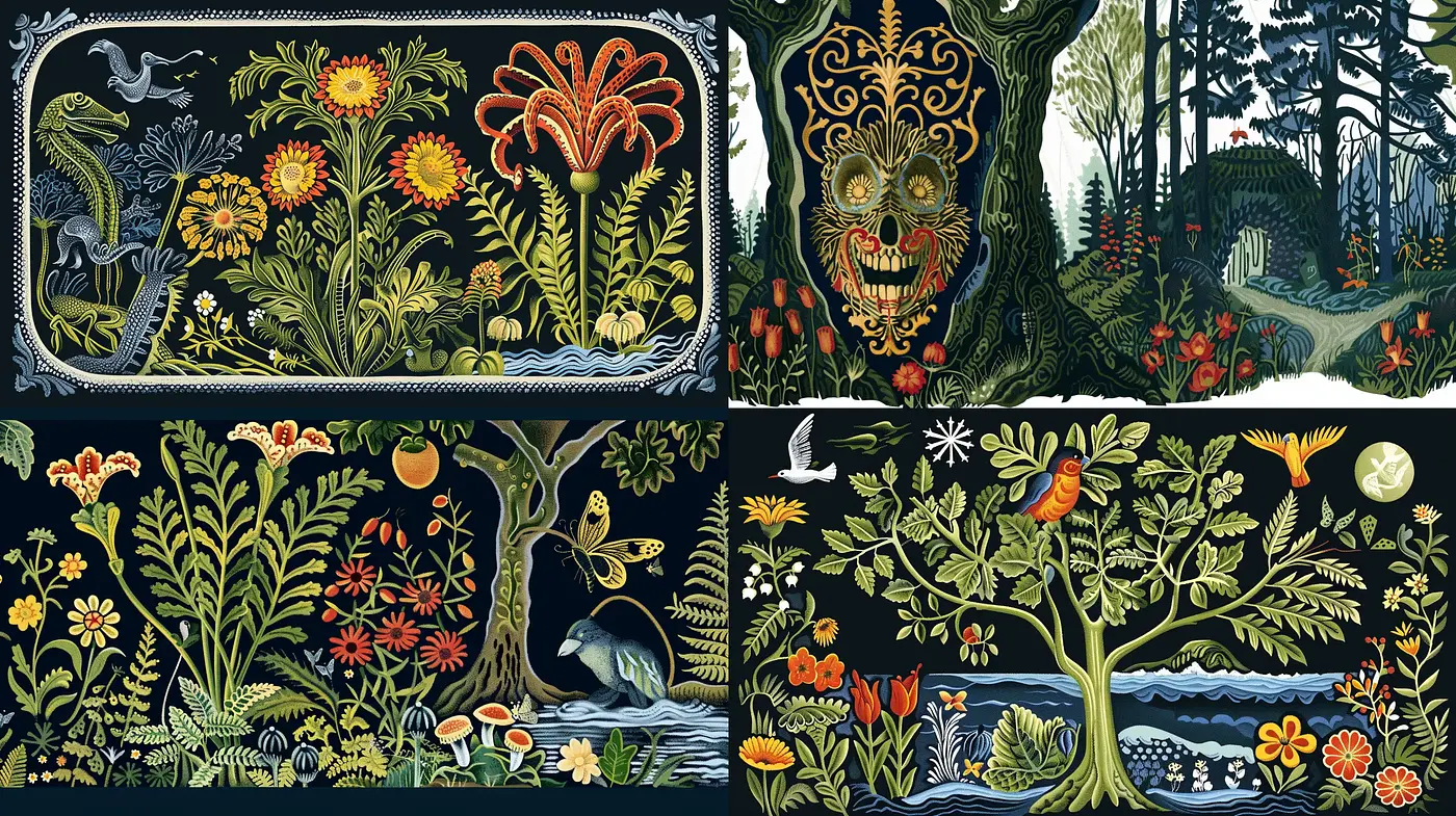 Enchanted Folkloric Tapestry: An Exploration in Lush Botanical Folk Art - Midjourney sref style