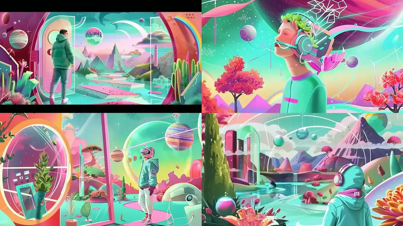 Vibrant Futuristic Digital Environments with Surreal Elements - Midjourney sref style