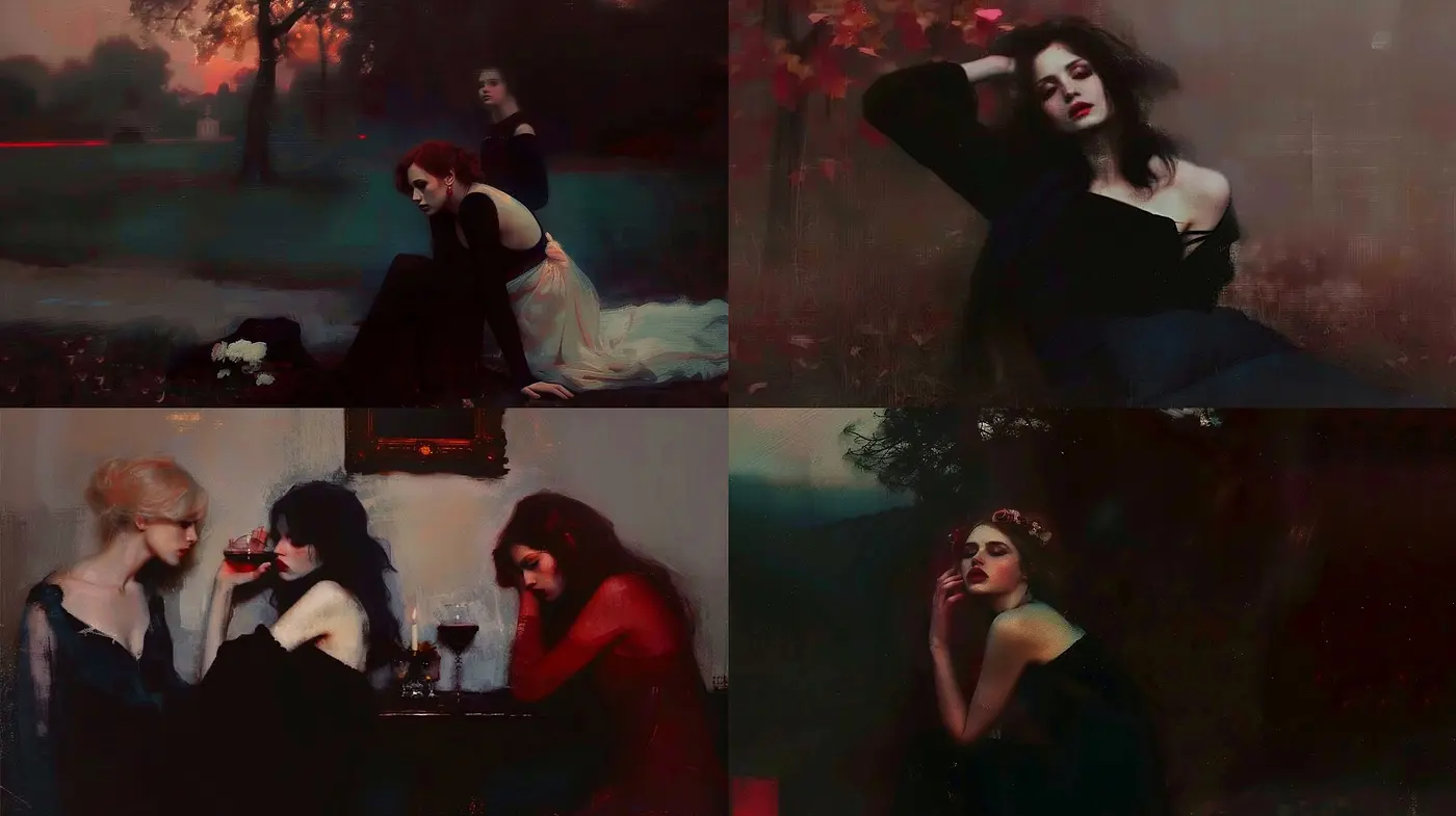 Ethereal Melancholy: A Consistent Exploration of Moody Impressionism and Subdued Elegance - Midjourney sref style