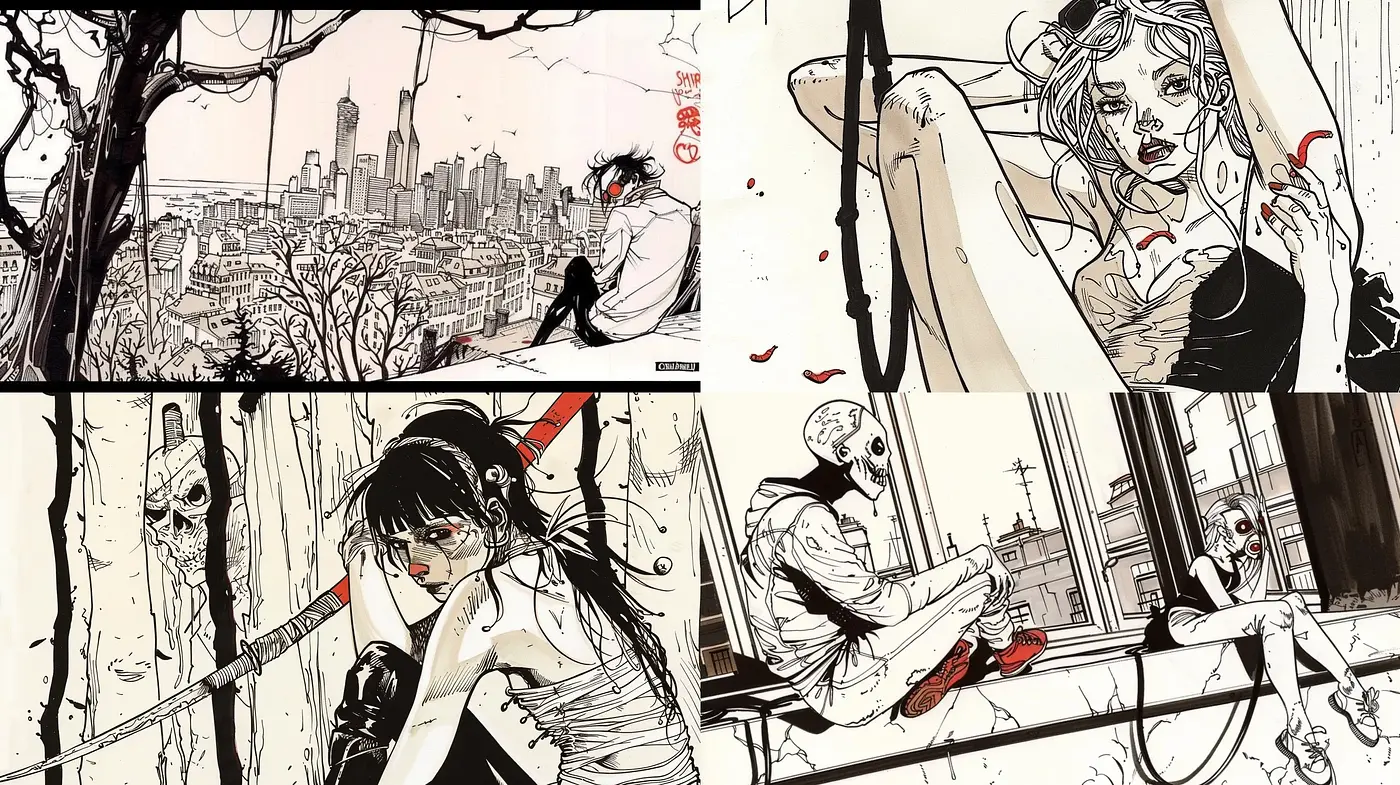 Stylized Monochrome Manga Illustrations with Red Accents - Midjourney sref style