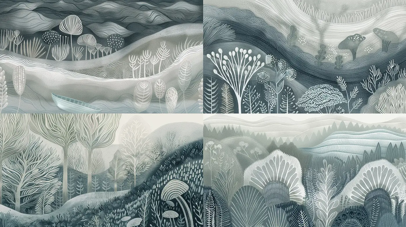 Whimsical Enchanted Forests in Dreamlike Monochrome - Midjourney sref style