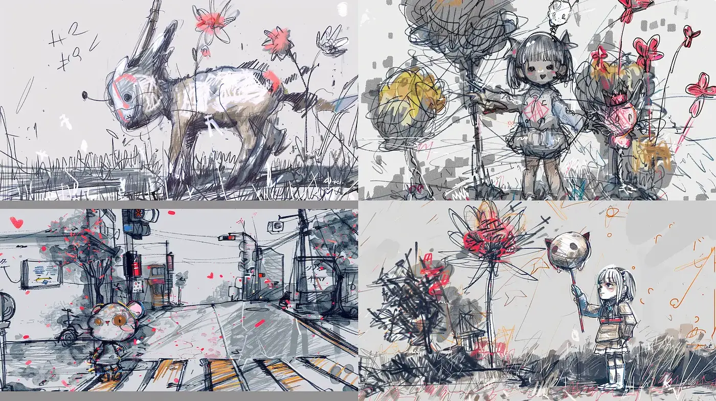Playful and whimsical illustrations with sketch-like charm - Midjourney sref style
