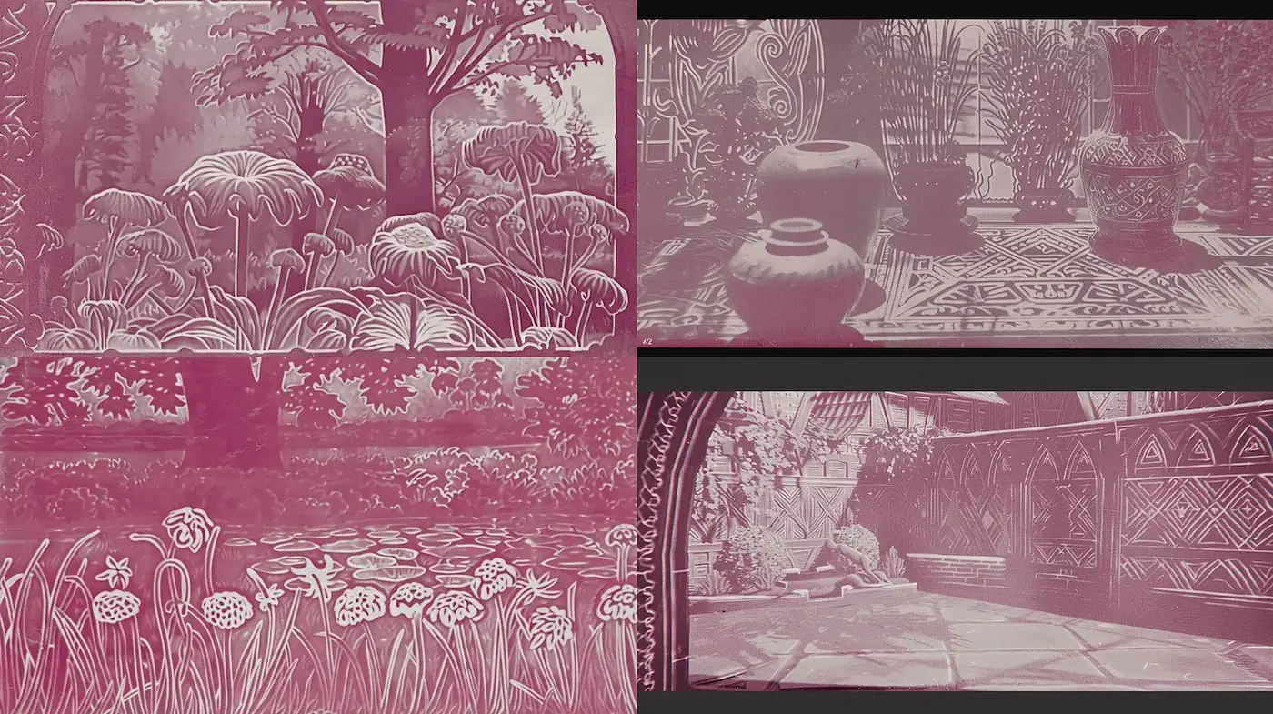 Serene and Ethereal Botanical Landscapes with Detailed Patterns - Midjourney sref style
