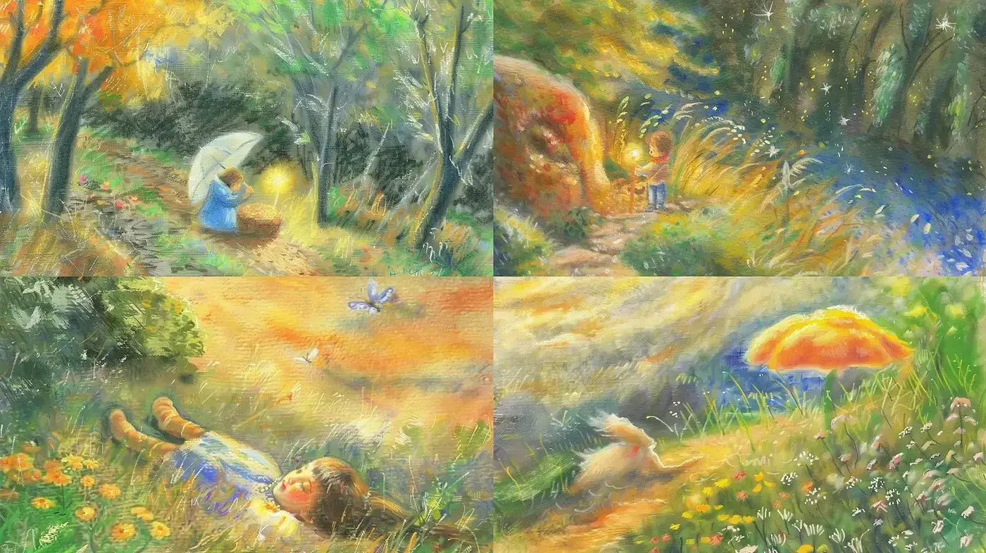 Whimsical Nature Scenes with Soft Textures and Light Play - Midjourney sref style