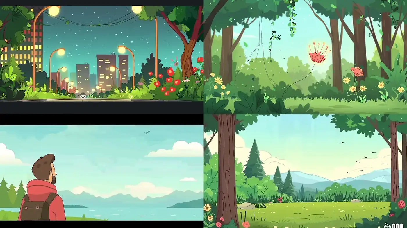 Whimsical Animated Landscape with Nostalgic Overtones - Midjourney sref style