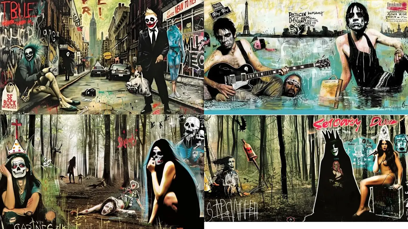Gritty Urban Surrealism with Punk and Street Art Overtones - Midjourney sref style
