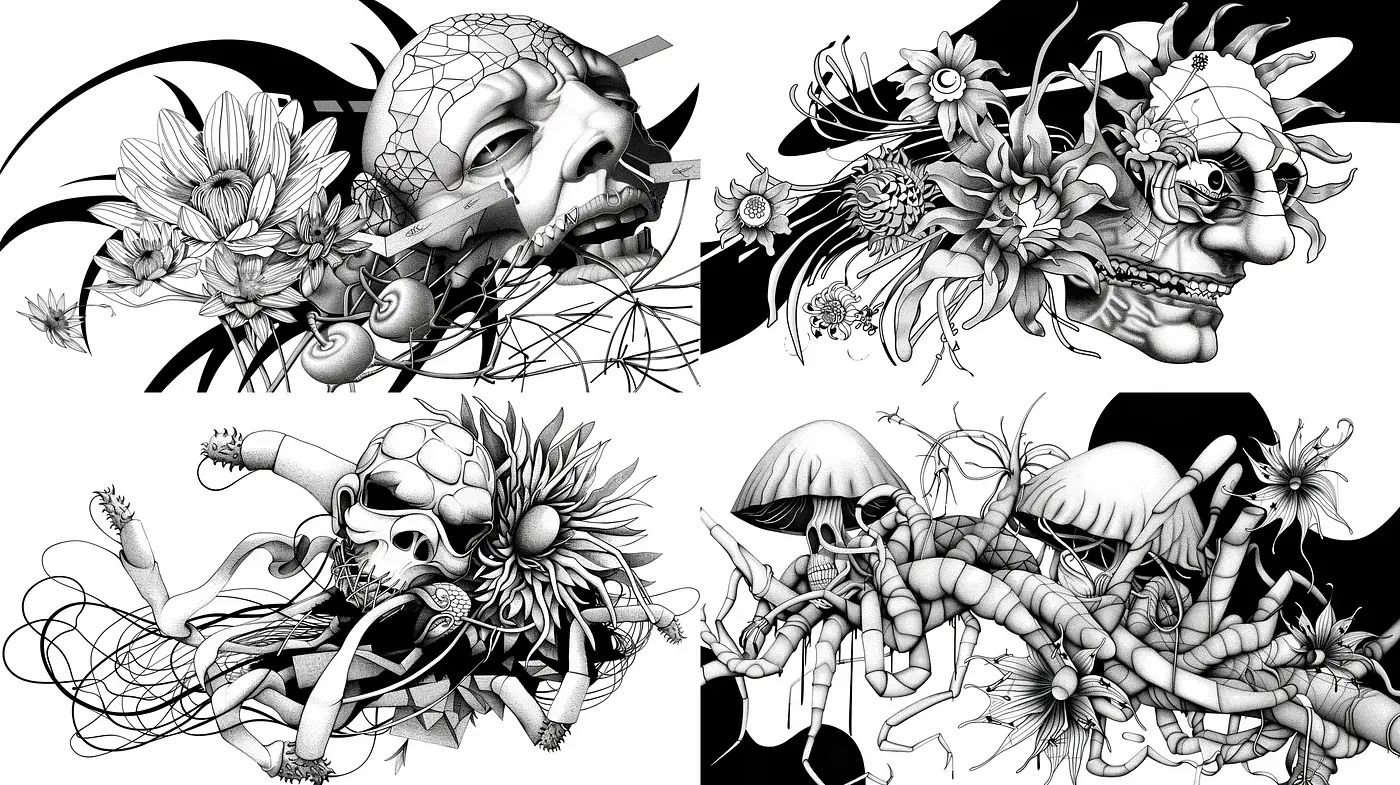 Monochromatic Surrealistic Dreamscapes with Organic and Anatomical Fusion - Midjourney sref style