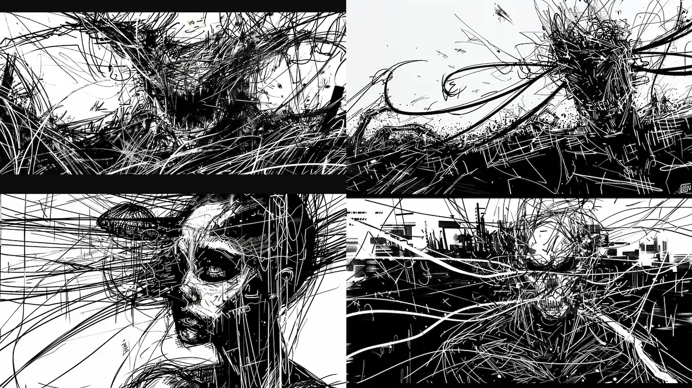 Dynamic Black and White Abstract Expressionism with a Chaotic Energy - Midjourney sref style