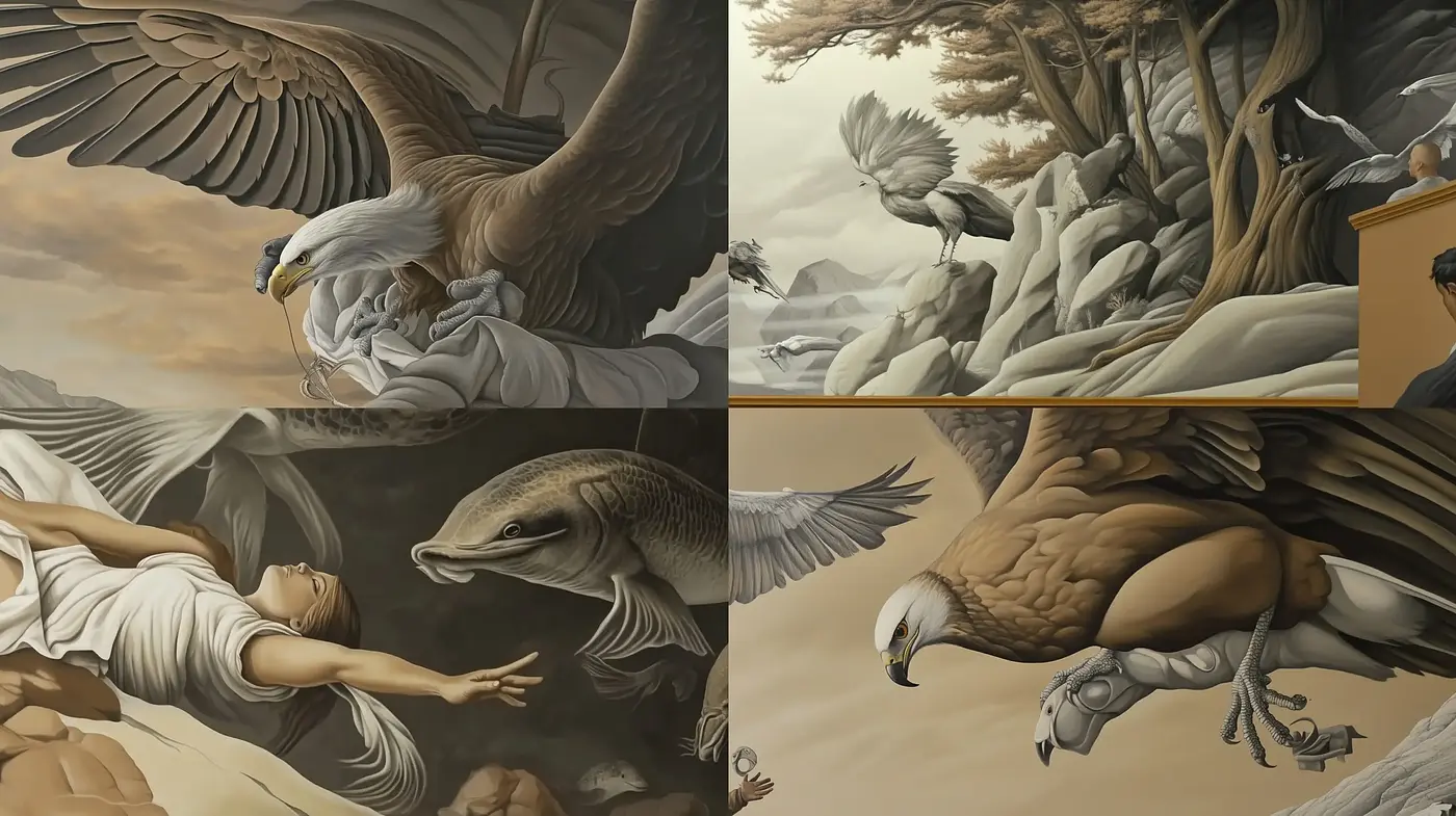 Ethereal Monochrome Avian Dreamscape with Golden Overtones - Midjourney sref style