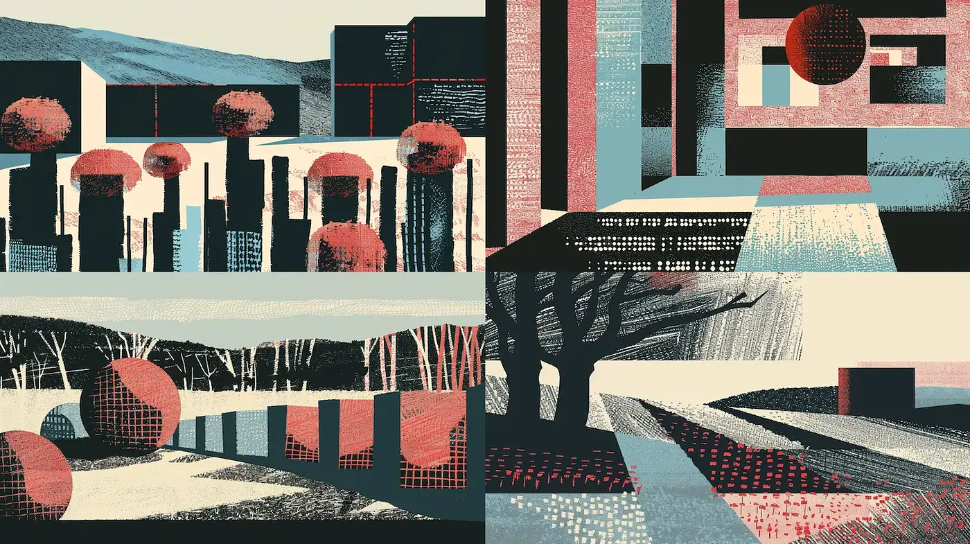 Geometric abstraction with retro aesthetics and a graphic novel vibe - Midjourney sref style