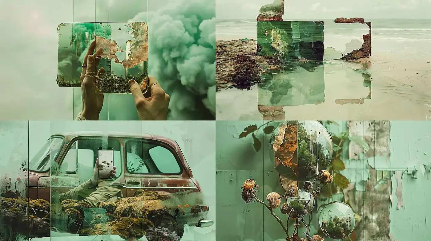 Surreal amalgamation of natural elements and reflections encapsulated in a vintage aesthetic - Midjourney sref style