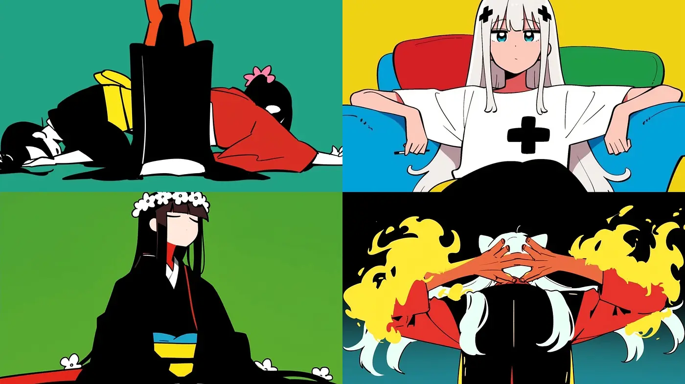 Bold Contrasts and Stylized Anime-Inspired Visual Harmony - Midjourney sref style