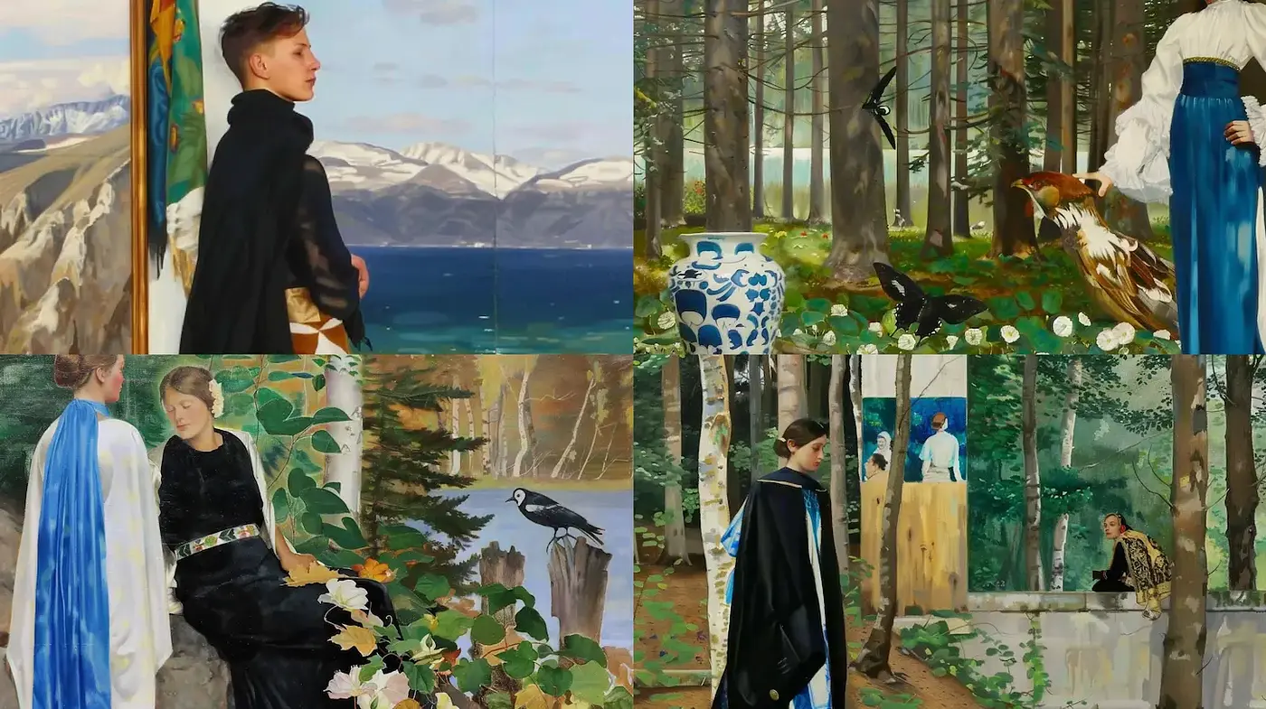 Ethereal Landscape with Historical Figures in a Lush Natural Setting - Midjourney sref style